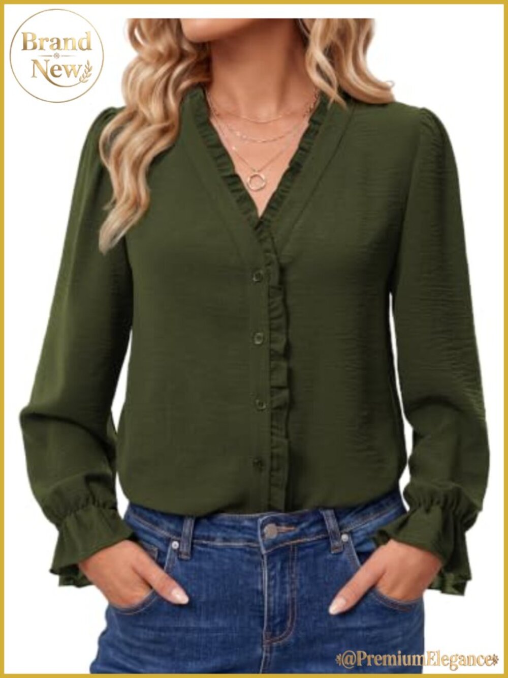 Ruffle V Neck Long Sleeve Button Down Blouse Polyester Casual Work Top